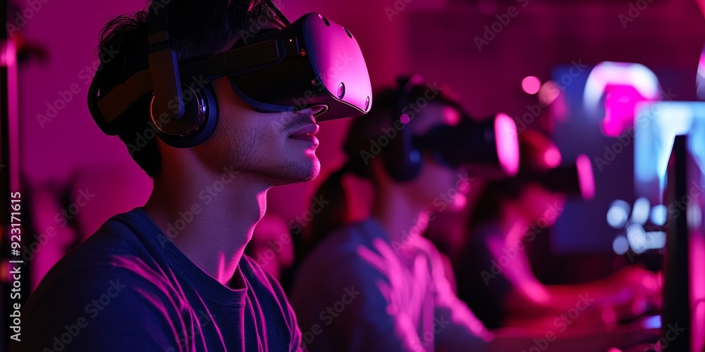 A high-tech gaming setup with players using the latest VR headsets, controllers, and immersive digital environments, capturing the excitement and advancements in virtual reality technology A high-tech gaming setup with players using the latest VR headsets, controllers, and immersive digital environments, capturing the excitement and advancements in virtual reality technology