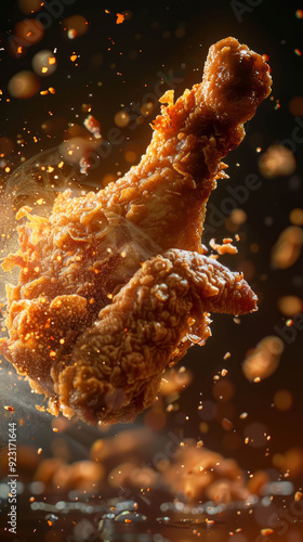 Cinematic advertising photos, close-up shots, backlights, fried chicken legs, crispy fried powder, high quality, 8k, AI Generative photo