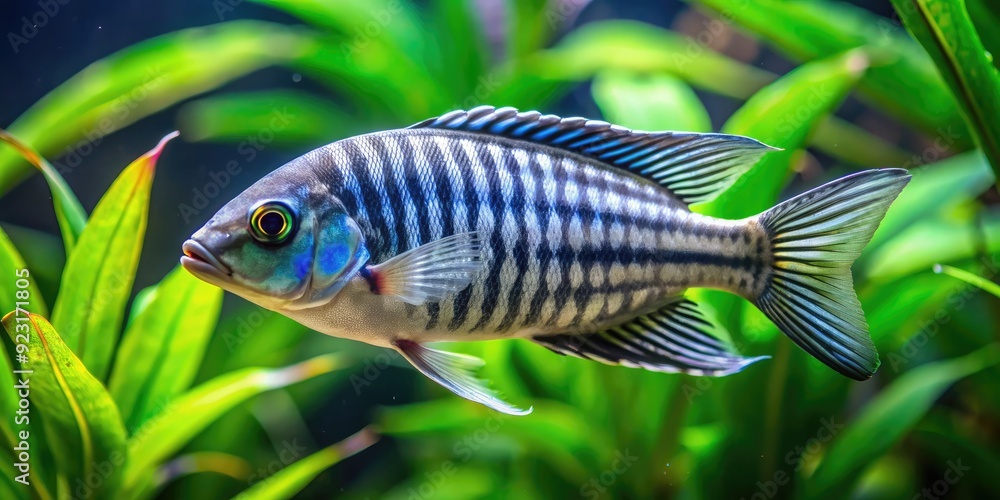 Vibrant close-up of a fish with shimmering silver scales featuring horizontal black stripes, swimming in a clear blue aquarium with lush green plants nearby. Vibrant close-up of a fish with shimmering silver scales featuring horizontal black stripes, swimming in a clear blue aquarium with lush green plants nearby.