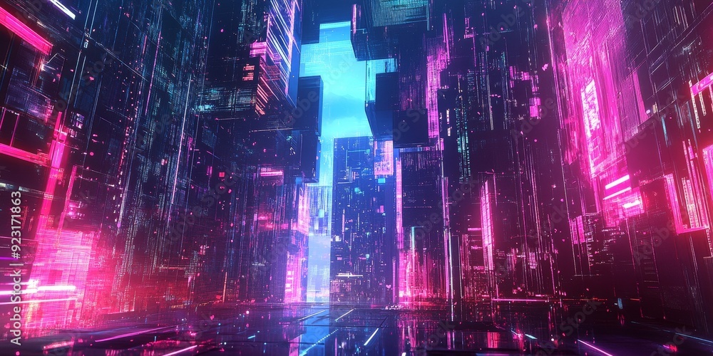 A captivating digital landscape with a blend of neon lights, futuristic architecture, and augmented reality elements, creating an immersive and high-tech sci-fi environment A captivating digital landscape with a blend of neon lights, futuristic architecture, and augmented reality elements, creating an immersive and high-tech sci-fi environment