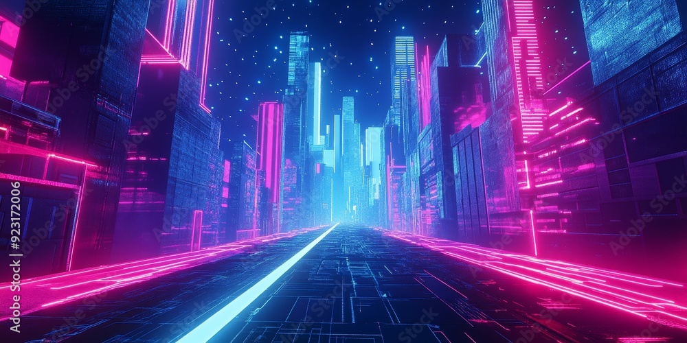 A captivating digital landscape with a blend of neon lights, futuristic architecture, and augmented reality elements, creating an immersive and high-tech sci-fi environment A captivating digital landscape with a blend of neon lights, futuristic architecture, and augmented reality elements, creating an immersive and high-tech sci-fi environment