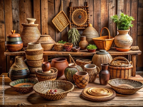 Array of handmade artisanal goods, including woven baskets, ceramic vases, and wooden decorative items, beautifully arranged on a rustic wooden table in a cozy setting.