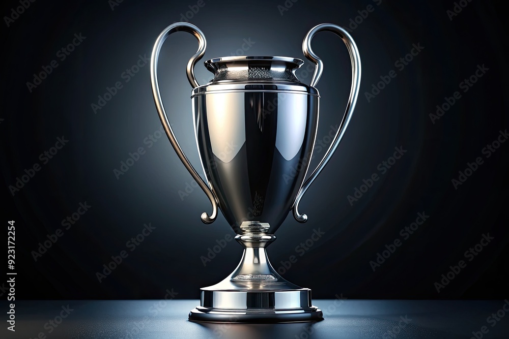 Shining silver trophy with curved handles and iconic UEFA design elements sits atop a sleek black pedestal, symbolizing European club football supremacy. Shining silver trophy with curved handles and iconic UEFA design elements sits atop a sleek black pedestal, symbolizing European club football supremacy.