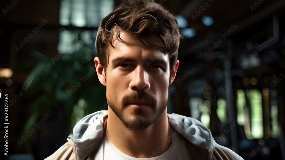 Fitness enthusiast prepares for workout in a gym with natural light in the background Fitness enthusiast prepares for workout in a gym with natural light in the background
