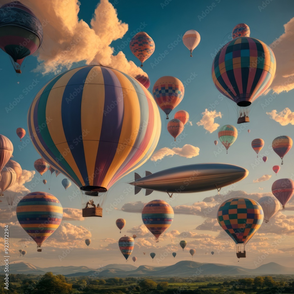 Fototapeta premium Many hot air balloon in the blue sky over the plain with mountain range in the background