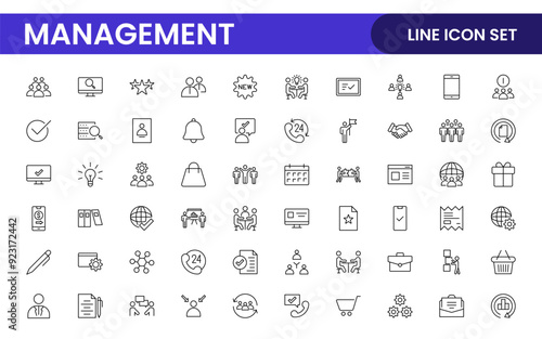 Business and office management Outline Icon Collection. marketing, strategy, teamwork, planning, business, training, office icons illustration.