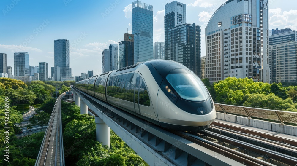 Naklejka premium A train is traveling through a city with tall buildings in the background