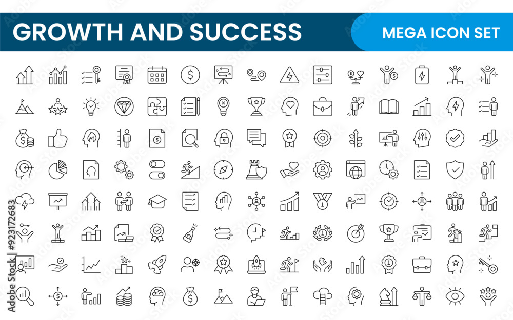 Growth and Success modern outline style icons set. Successful business development, plan and process symbol illustration. Growth and Success modern outline style icons set. Successful business development, plan and process symbol illustration.