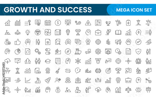 Growth and Success modern outline style icons set. Successful business development, plan and process symbol illustration.