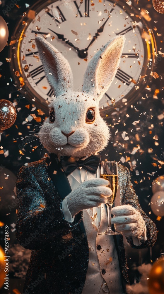 Fototapeta premium An anthropomorphic rabbit in a tuxedo raises a glass of champagne while surrounded by swirling confetti and a clock striking midnight