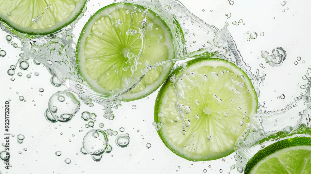 Lime slices with a splash of bubbles on a white background. AI generative. Lime slices with a splash of bubbles on a white background. AI generative.
