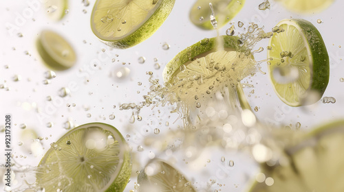 Refreshing lime slices and bubbles in motion on white background. AI generative. photo