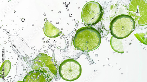 Citrus lime slices in a bubbly splash on a clean white backdrop. AI generative. photo