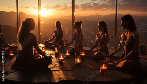 A group of women in a yoga class at sunset photo