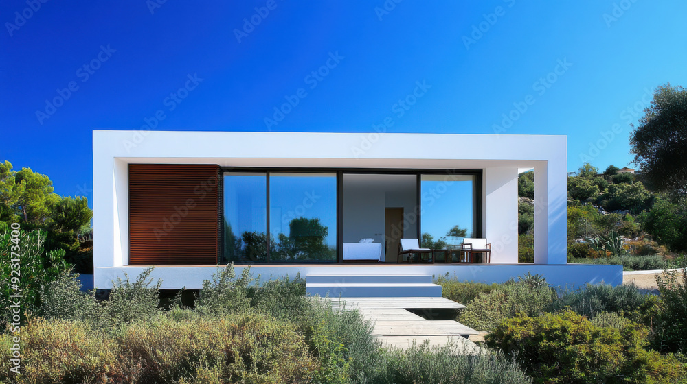 Stylish modern house in Spain with large white plastic windows, clean and simple design, neutral exterior colors, surrounded by vibrant greenery, under a bright Mediterranean blue sky. Stylish modern house in Spain with large white plastic windows, clean and simple design, neutral exterior colors, surrounded by vibrant greenery, under a bright Mediterranean blue sky.