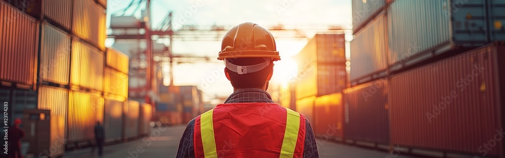 Construction worker in a busy shipping yard with stacked containers, sunny day Construction worker in a busy shipping yard with stacked containers, sunny day