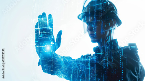 Security guard showing safety system 1. icon 2. hand 3. key 4. hologram white background, AI Generative photo