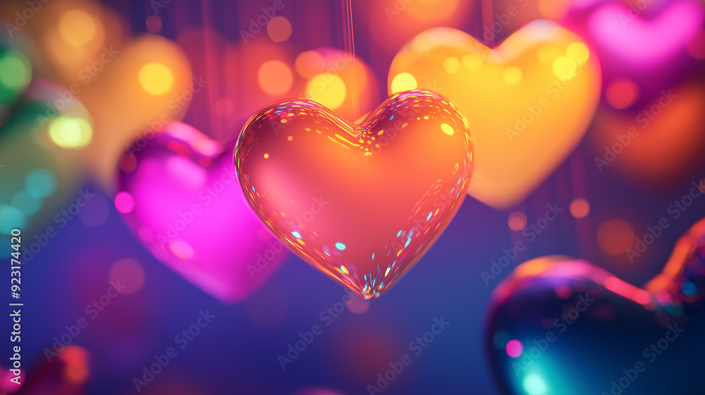 A collection of colorful hearts hanging from a string. The hearts are all different colors and sizes, but they all have the same shape. The scene is bright and cheerful, and it seems like a fun A collection of colorful hearts hanging from a string. The hearts are all different colors and sizes, but they all have the same shape. The scene is bright and cheerful, and it seems like a fun