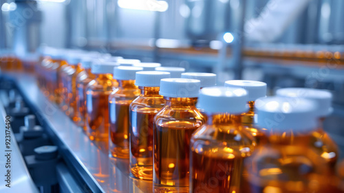 Sterile bottles on the production line conveyor of the pharmaceutical industry., AI Generative