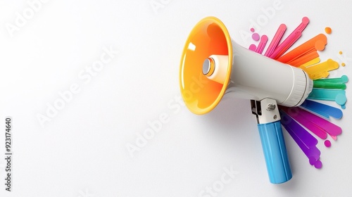 A vibrant megaphone with colorful paint splashes, perfect for announcements and creative promotions in marketing.