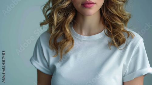 Model wearing a blank cotton t-shirt in a studio setting, AI generative. photo