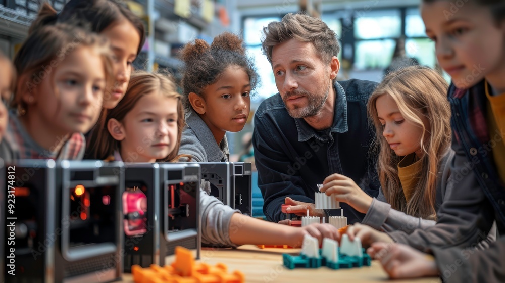 Obraz premium A teacher instructs a group of students on 3D printing, fostering creativity and technology skills.