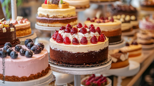 Delicious cakes on display in a bakery commercial advertising photo 