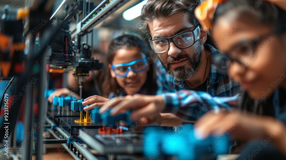 A team of engineers work together on a complex machine, focusing intently on their task. They wear safety glasses for protection. A team of engineers work together on a complex machine, focusing intently on their task. They wear safety glasses for protection.