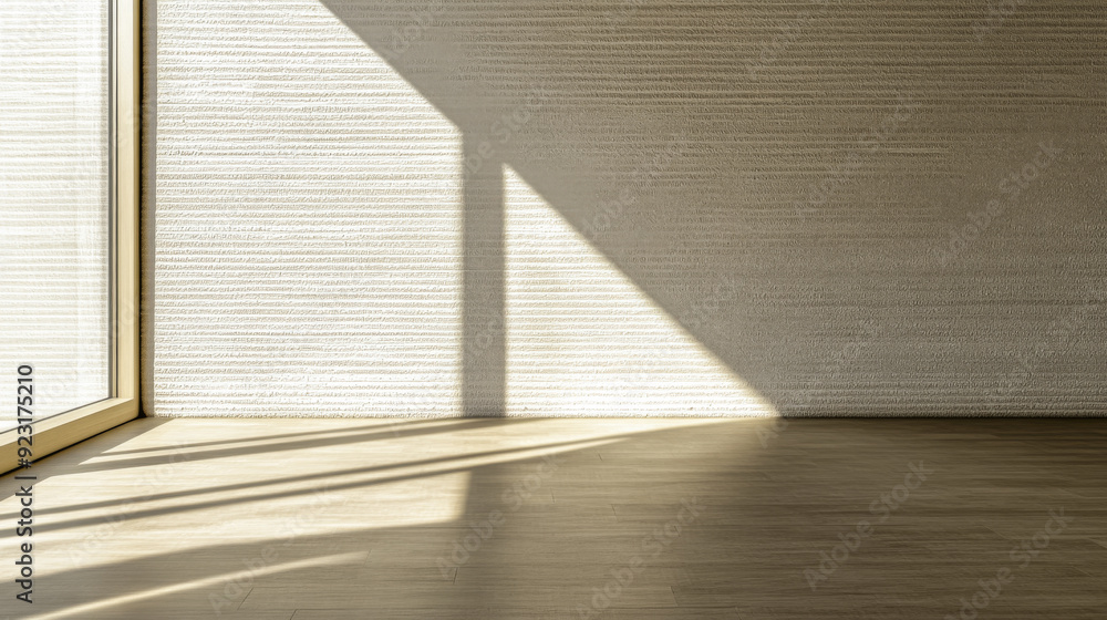 Obraz premium Empty living room luxury interiors in warm tones, with no decoration or furniture, a large window and contrasting shadows. Premium realty interior design composition.