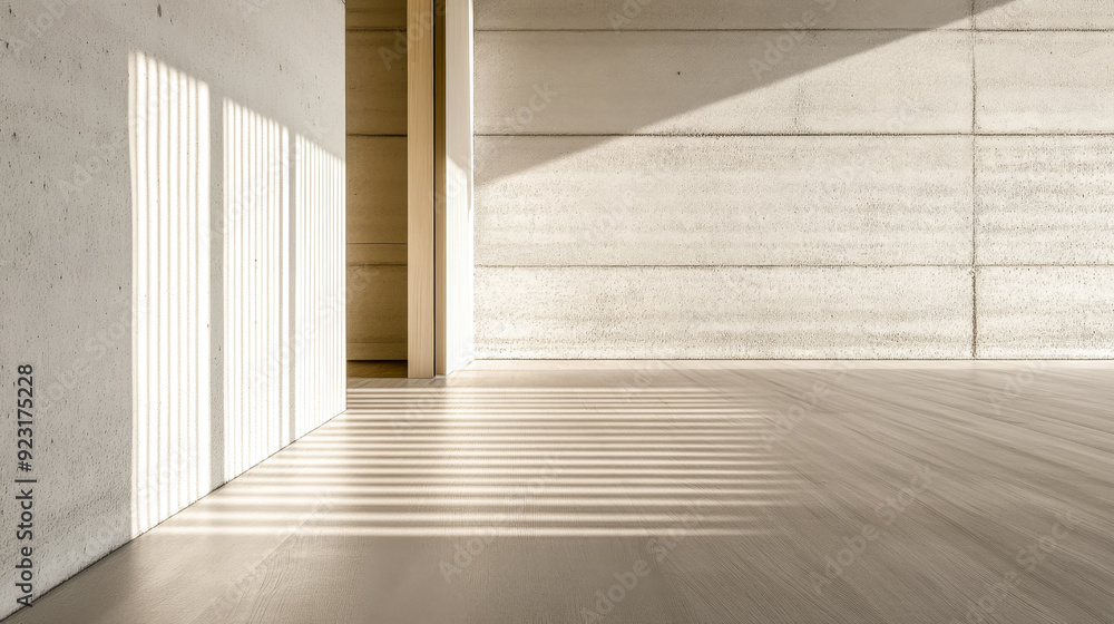 Obraz premium Empty living room luxury interiors in warm tones, with no decoration or furniture, a large window and contrasting shadows. Premium realty interior design composition.