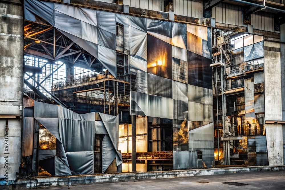 Industrial Tapestry Enigmatic: Abstract metal textures, distorted photo fragments, enigmatic framing, somber mood, geometric elements, black, white, gray Industrial Tapestry Enigmatic: Abstract metal textures, distorted photo fragments, enigmatic framing, somber mood, geometric elements, black, white, gray