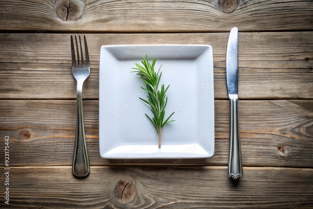 A minimalist white square plate sits on a rustic wooden table, accompanied by a single silver fork and a delicate sprig of fresh rosemary. A minimalist white square plate sits on a rustic wooden table, accompanied by a single silver fork and a delicate sprig of fresh rosemary.