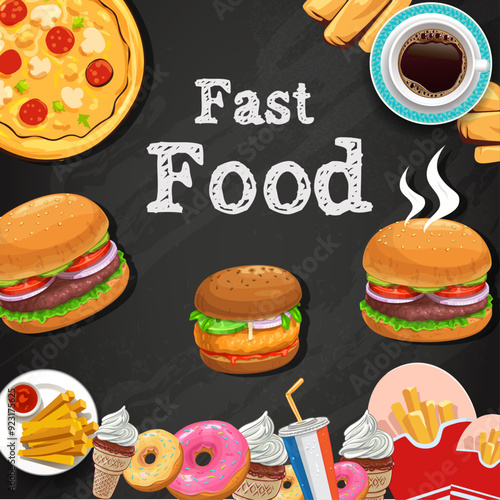 Illustration Of Fast Food seamless Pattern On Black Background , Restaurant Wallpaper Vector Design.