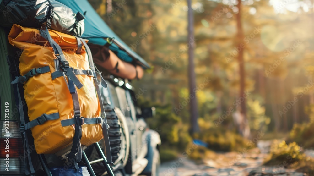 Obraz premium A yellow backpack is attached to the back of a green truck