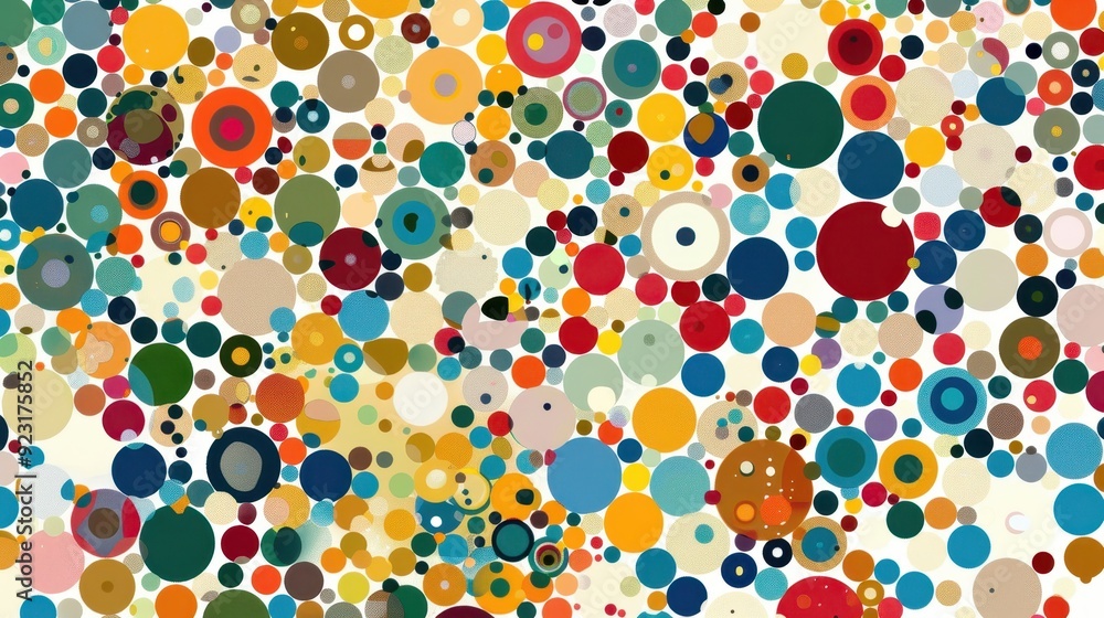 A lively array of multicolored circles fills the space, creating an engaging abstract composition A lively array of multicolored circles fills the space, creating an engaging abstract composition