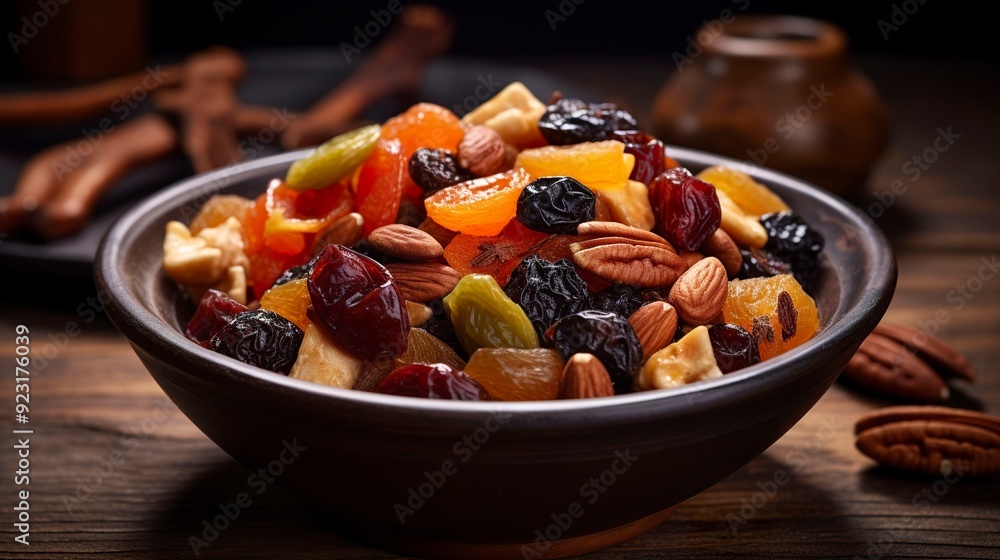 A photo of a bowl of dried fruit salad A photo of a bowl of dried fruit salad