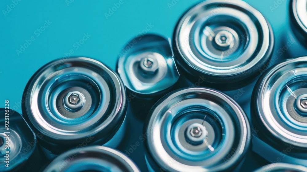 A row of silver cans with a blue background A row of silver cans with a blue background