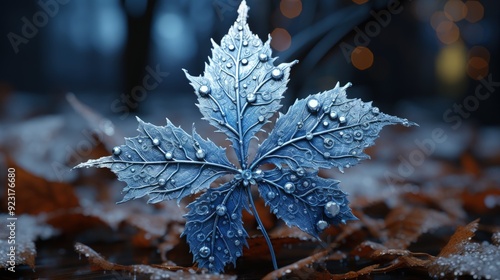 Frost on the intricate patterns of a maple leaf photo