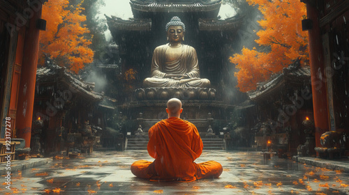 A bald monk is praying to lord buddha's statue with his both hands