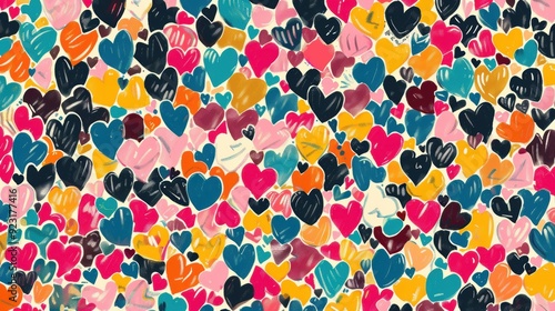 A vibrant assortment of colorful heart shapes fills the background, showcasing a playful artistic design photo