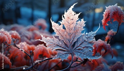 Frost on the intricate patterns of a maple leaf photo