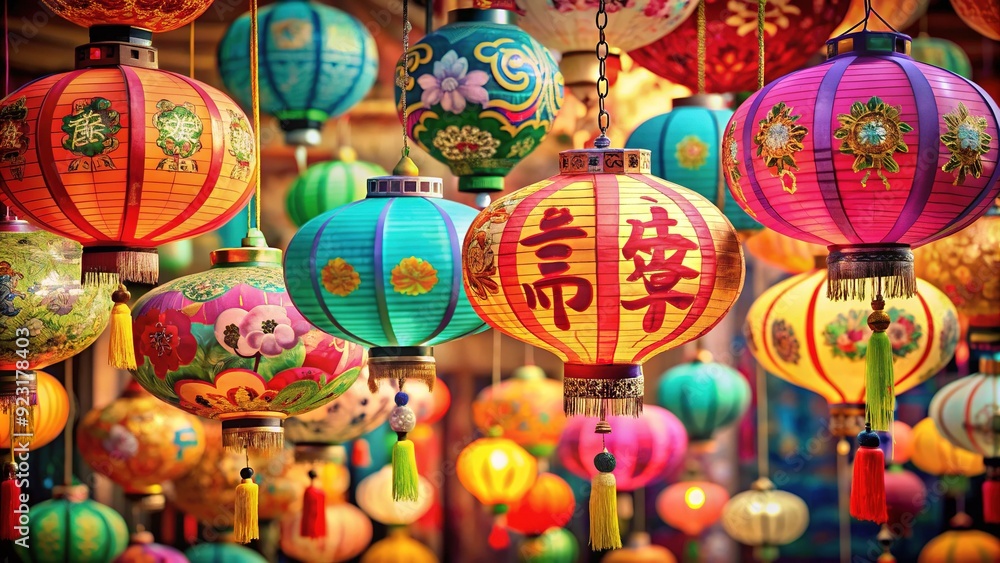 Fototapeta premium Lantern Radiance: Vibrant, festive, intricate, paper lanterns, calligraphic greetings
