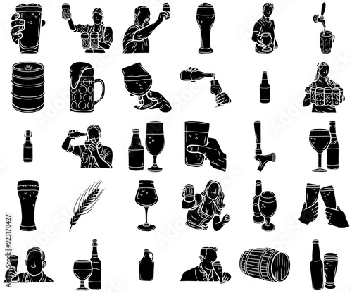 A Collection Of Beer Glyph Icons Web Header Banner Design Containing Glass,Bottle,Alcohol-Drink,Beer,Drink Pictograms And Infographics Design Elements Vector Illustration