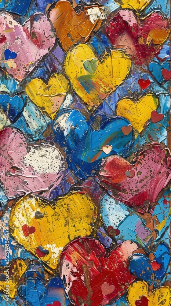 An array of brightly colored hearts layers beautifully on a textured surface An array of brightly colored hearts layers beautifully on a textured surface