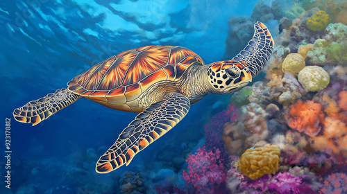 Green sea turtle swimming in the ocean near coral reef with fish and diver, showcasing marine wildlife in the blue water photo