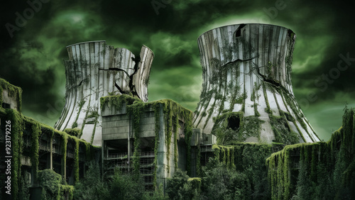 Close-up view of two cracked and decaying cooling towers of an abandoned nuclear power plant, overgrown with plants and vines, under a dark green sky, symbolizing the decline of nuclear energy infrast photo