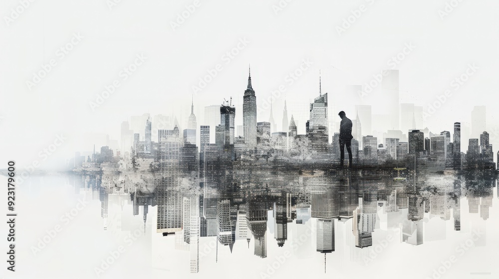 Fototapeta premium A city skyline is reflected in the water