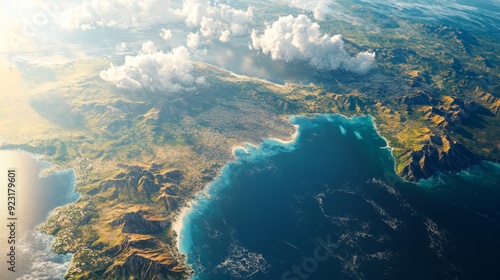 Fototapeta Naklejka Na Ścianę i Meble -  Aerial View of Mediterranean Coastline with Mountains and Clouds
