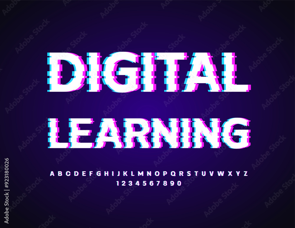 Fototapeta premium Vector educational logo Digital Learning. Bright Font with Glitched pixels. Futuristic Alphabet Letters and Numbers set.