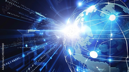 Abstract globe with glowing lines and data, representing global network.